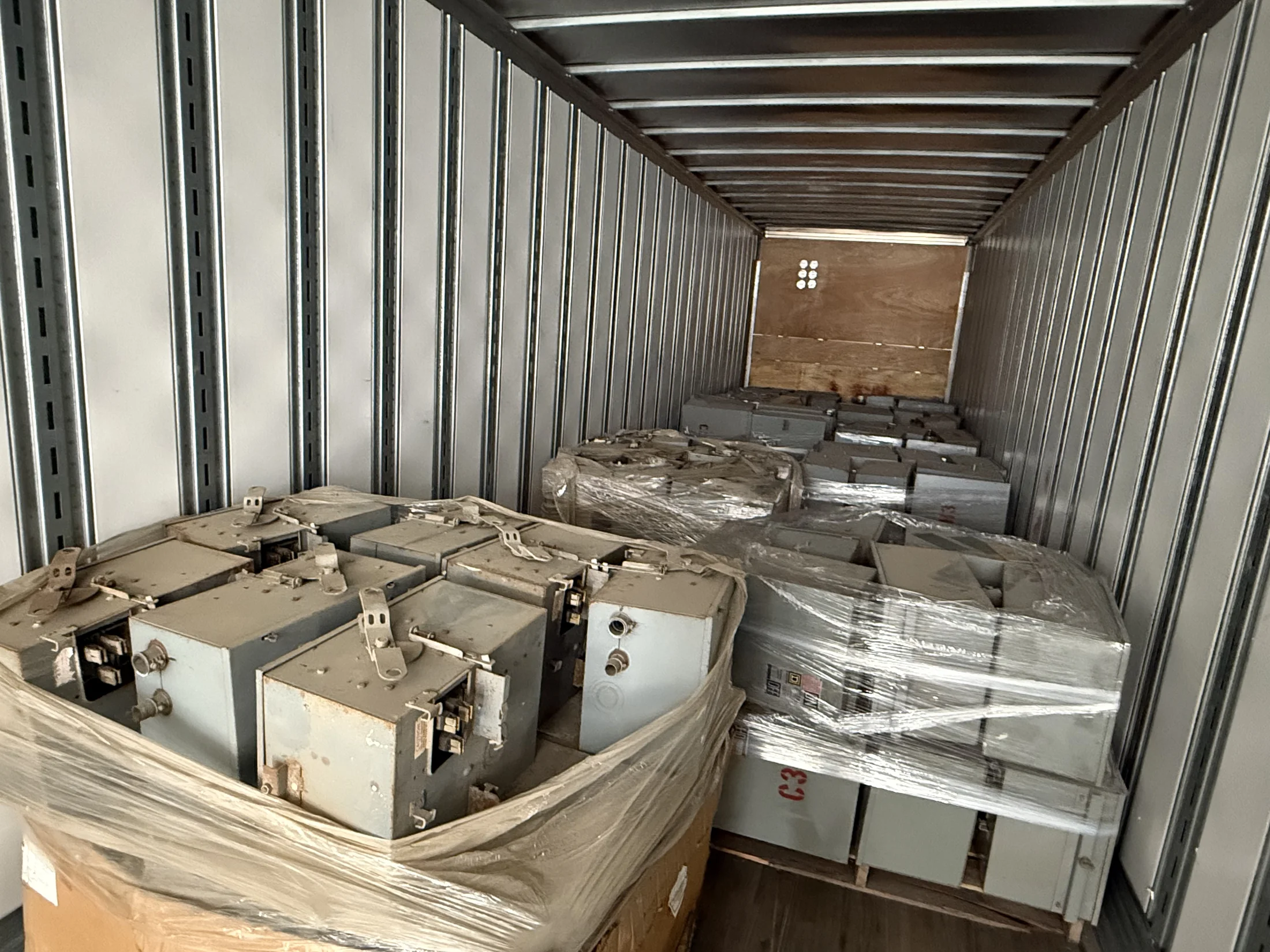 Palletized bus plugs loaded inside a trailer